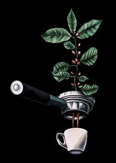 a painting of a coffee cup with beans on it and a plant in the middle