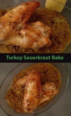 two pictures of turkey and sauerkraut bake on a glass platter