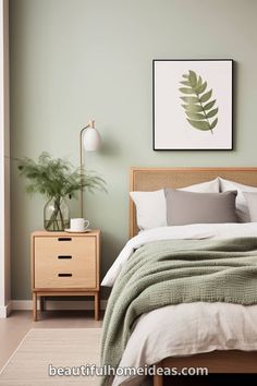 a bedroom with a bed, nightstand and plant on the side table in front of it