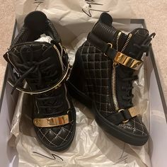 Brand New In Box, Never Worn. Dust Bag And Box Included. Chic Leather Wedge Sneakers, Designer Leather Party Sneakers, Elegant Leather Sneakers For Party, Luxury Party Sneakers, Black And Gold Boots, Jordan High Heels, Nike High Heels, Leopard Print Wedges, Sneak Attack