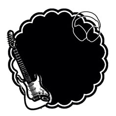 a black and white drawing of an afro with a guitar in the middle of it