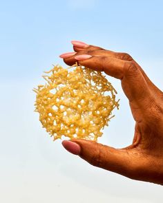 two hands holding something in the air with blue sky behind them and one hand on top of it