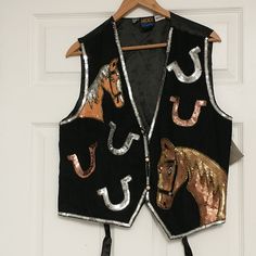 New Sequins Horse And Horseshoe Vest Repair Kit Still Attached Denim Vests Cowgirl, Cowhide Vest, Studded Denim Vest, Patchwork Denim Sleeveless Vest, Fitted Western Leather Vest, Fur Vest Women, Columbia Vest, Southwest Boho, Faux Leather Vest