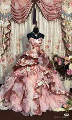 Outfit Ideas Whimsical, Beautiful Quinceanera Dresses, Ball Gown Floral, A Line Ball Gown, Gown Floral, Whimsical Dress, Pink And Burgundy, Layered Fabric, Tulle Sleeves