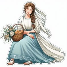 a drawing of a woman sitting down with a basket of bread and flowers in her hand