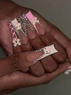 Hot Pink Hello Kitty Nails, Hello Kitty Bling Nails, Hello Kitty Junk Nails, Hello Kitty Nails Long, Hello Kitty Acrylics, Hello Kitty Acrylic Nails, Pink Hello Kitty Nails, Sanrio Nails, Hello Kitty Nails Art