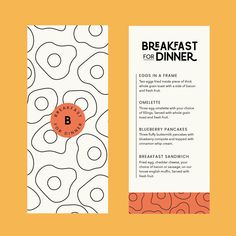 an orange and white brochure with the words breakfast for dinner on it