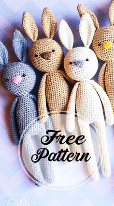 three knitted rabbits sitting next to each other with the words free pattern above them