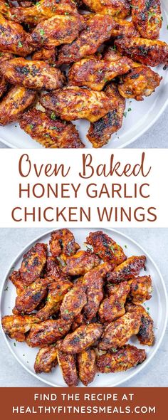 oven baked honey garlic chicken wings on a white plate with text overlay that reads oven baked honey garlic chicken wings