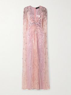 The glittering bead, sequin and crystal embellishments on Jenny Packham's 'Gold Rush' gown are carefully placed to create a cinched-in effect at the waist. Made from tulle, it has a plunging neckline framed by padded shoulders and a cape-effect panel that floats elegantly behind as you walk. The pastel-pink stretch-satin lining provides coverage. Long Beautiful Dresses, Dress Gala, The Nightingale, Black Tie Formal, Floral Dresses Short, Amazing Dresses, Fantasy Dresses, Say Yes To The Dress, Exclusive Dress