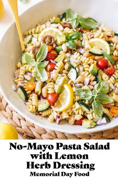 no - mayo pasta salad with lemon herb dressing is an easy and healthy side dish