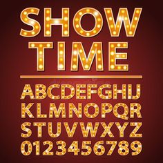 the alphabet and numbers are illuminated with light bulbs on a dark red background, which reads show time