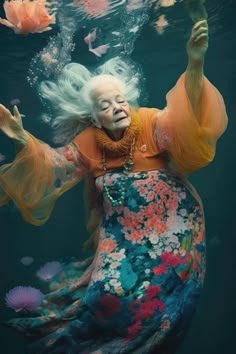 an older woman is floating in the water