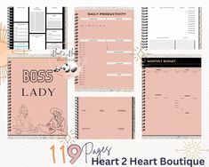 the front and back pages of a heart 2 heart boutique planner, with text that reads boss lady