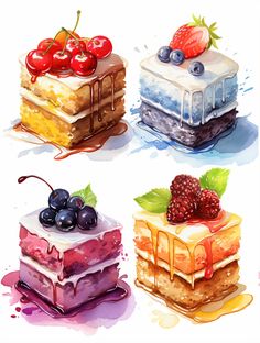 four different types of cakes with berries on top