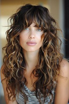 Natural Curly Shag, Shaggy Curly Hair With Bangs, Curly Shag No Bangs, Shaggy Curly Hair Long, French Shag, Corte Wolf, Crazy Haircuts, Shaggy Curly Hair, Long Layered Curly Hair