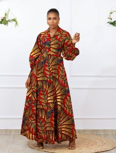 Beautiful African print Ankara Maxi dress. Long Bubble sleeves with a cuff at the wrist. Buttoned down to hemline. Flared cut from waist to hemline. Functional side pockets. Beautiful bold and colorful prints make you stand out wherever you go. Made with High quality 100% African Wax cotton Unlined Made in Nigeria Models are 5'9 and wearing a US6/UK10 and US12/UK16 Dress Length 60" CARE INSTRUCTIONS: Hand wash cold, DO NOT BLEACH, Hang dry, Press with cool iron on the wrong side only. Ankara Midi Dress, Layered Hem Dress, African Maxi Dress Ankara, Ankara Maxi Dress, Ankara Styles For Women, Ankara Long Gown Styles, Ankara Dress Styles, African Dresses Modern, Ankara Designs