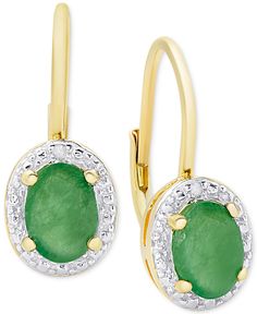 Gorgeous green emeralds add colorful shine to these diamond accented drop earrings. Macy's Hallmarked Earrings, Macy's Oval Yellow Gold Earrings, Macy's Yellow Gold Oval Earrings, Macy's Oval Earrings For Formal Occasions, Formal Earrings From Macy's, Macy's Formal Earrings For Pierced Ears, Macy's Green Jewelry For Anniversary, Macy's Drop Earrings For Pierced Ears, Elegant Green Macy's Jewelry