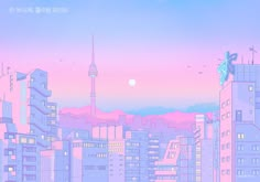 the city skyline is pink and blue with birds flying over it