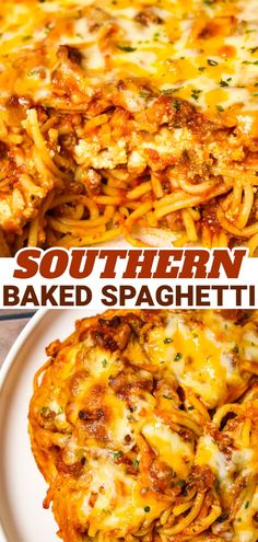 two plates with baked spaghetti on them and the words southern baked spaghetti