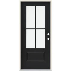 a black and white door with three panes on the front, and two sidelights