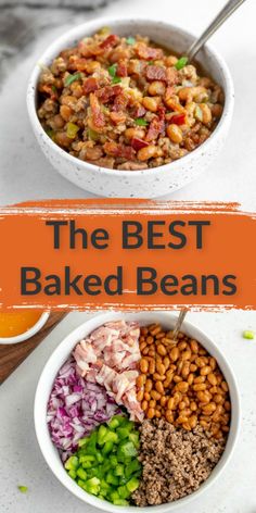 two bowls filled with baked beans and vegetables