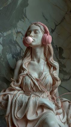 the statue is wearing headphones and listening to music with pink earbuds on