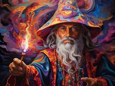 a painting of an old wizard holding a lit match in his right hand and looking at the viewer