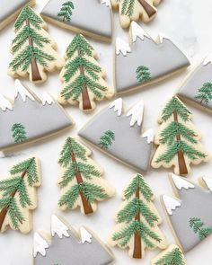 decorated cookies in the shape of trees and mountains