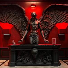 an image of a statue in the middle of a room with red walls and flooring