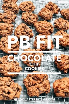 cookies cooling on a rack with the words pbf fit chocolate chip cookie above it