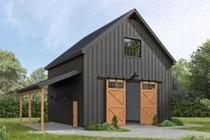 a black barn with two brown doors on the front and one door open to let in light