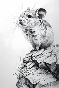 a pencil drawing of a mouse sitting on top of a rocky cliff looking up at the sky