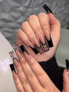 Long Cute Acrylic Nails Art Designs, Nail Designs Square Shape Long, Red Baddie Nails Medium Length, Graduation Nails Ideas 2023 Black, Unique Long Nails, Black Encapsulated Nails, Birthday Nails October, Black And Clear Acrylic Nails, August Nails Acrylic