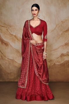 Buy Pink Tissue Silk Woven Paisley Carla And Embroidered Bridal Lehenga Set For Women by Mimamsaa Online at Aza Fashions. Bandhani Lehenga, Satin Lehenga, Lehenga Pattern, Satin Hands, Drape Saree, Red Lehenga, Red Thread, Hem Blouse, Satin Color