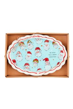 a blue and red tray with snowmen on it