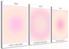 three canvases with pink and white circles on them, each showing the same color