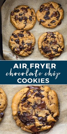 an air fryer chocolate chip cookies are cooling in the oven, and then being baked