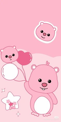 two pink teddy bears with hearts on their backs, one holding a heart shaped balloon