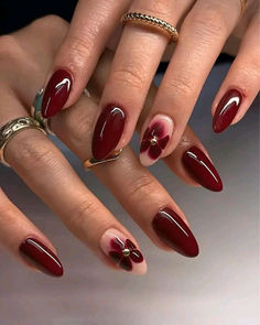 Almond Nails Cherry Red, 2025 Trend Nails, Square Nails Burgundy, Cherry Wine Nails With Design, Rich Nails Aesthetic, Burgundy Brown Nails, Cherry Red And Gold Nails, Dark Red Nails French Tip, Nails That Go With Every Outfit