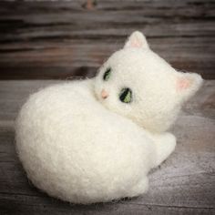 a white cat laying on top of a wooden floor next to a green eyed cat