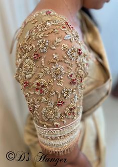 Hand Work On Sleeves, Heavy Sleeves Embroidery, Aari Work Blouse Front Neck Design, Magam Work Back Neck Designs, Glass Beads Work On Blouse, Grand Work Blouse Design, Aari Work Blouse Grand Design, Gold Blouse Embroidery Designs, Gold Blouse Work Designs