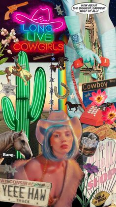 a collage of various items including a woman in a cowboy hat, cactus, and other things