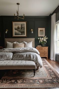 40+ Moody Romantic Bedroom Ideas To Unwind In Primary Bedroom Wall Paneling, Half Wall Paneling Bedroom, Moody Romantic Bedroom Ideas, Bedroom Inspirations Master Scandinavian, Masculine Guest Bedroom, Moody Romantic Bedroom, Romantic Bedroom Ideas, Bedroom Inspirations Master