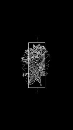 a black and white drawing of a rose in a rectangle on a black background