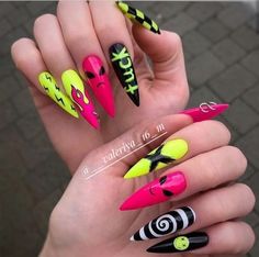 Alien Nails, Rave Nails, Halloween Rave, Summer Acrylic, Halloween Acrylic Nails, Punk Nails, Grunge Nails