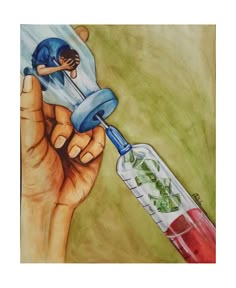 a painting of a person holding a bottle with money in it next to a toothbrush