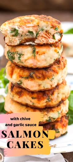 salmon cakes stacked on top of each other with the words salmon cakes written below it