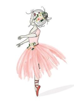 a drawing of a ballerina dancer in pink tutu skirt with flowers on her head