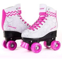 two white roller skates with pink wheels on a white background and one is black